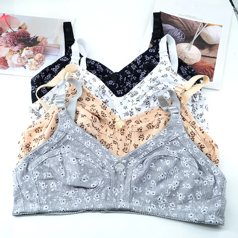 Floral Print Cotton Unlined Bra plus Size Lingerie Comfortable Wire Free Underwear Thin 36-46C Women's Sexy Innerwear