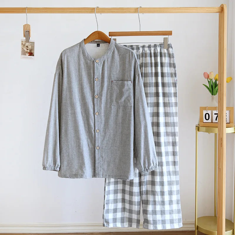 2026 Japanese Style Men's Cotton Pajama Sets Plaid Long Sleeve Trousers Sleepwear Sets Men Double-layer Cotton Homewear Lounge