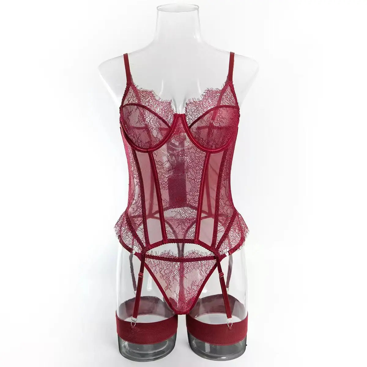 Sexy Lace Corset Lingerie Set for Women Push Up Bustier Bodysuit Boned Waist Cincher Garter Belt Stockings Erotic Underwear Set