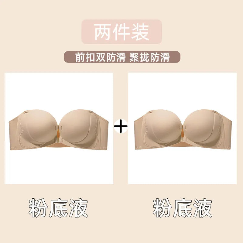 Strapless Bra  Sexy Front Fastening Non-Slip Invisible Backless Push-Up Bra Padded Add 2 Cups Lift Bralette for Wedding Party