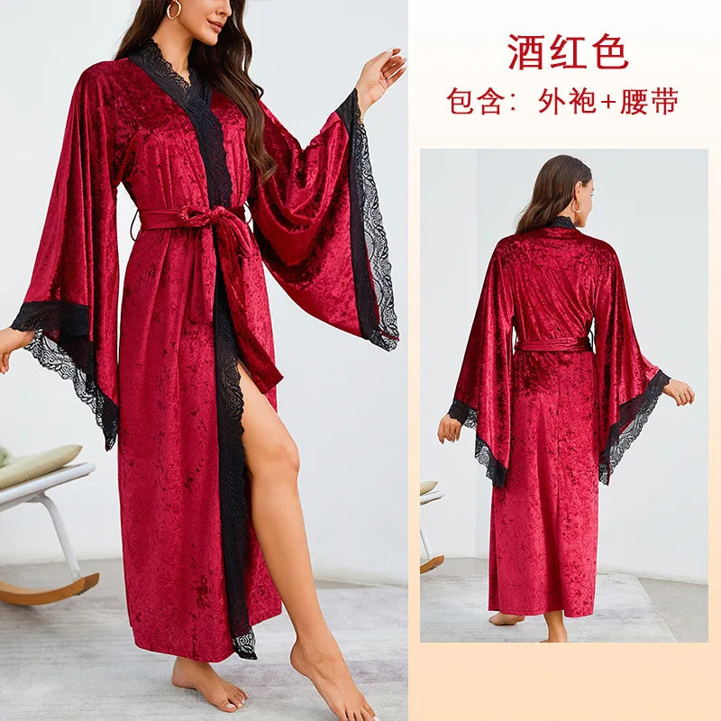 Lace Kimono Intimate Lingerie Velour Robe Women Long Nightgown Sleepwear Wedding Bride Party Gift Loungewear Nightwear