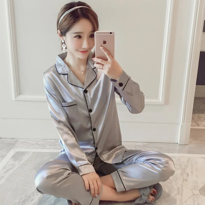 Pajamas Sets for Women 2025 Sexy Silk Women Pijama Sets Sleepwear Long-sleeve Cardigan Set Female Ice Silk Pyjamas Home Clothing