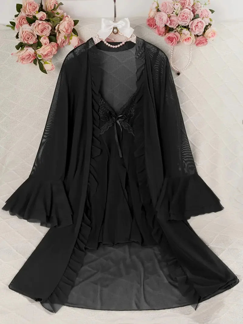 Women Sexy Robe Lingerie Set Lace V-neck Cami Dress with Transparent Mesh Night Gown Robe Nightwear Female Leisure Sleepwear