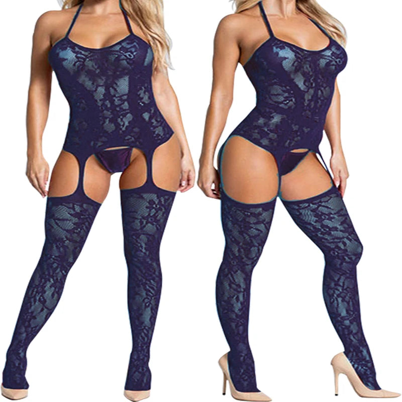 Erotic Open Buttocks Lingerie Women Fishnet Hollow Babydoll Dress Black Lace Bodystockings Sexy Halter Neck Baby Dolls Stockings