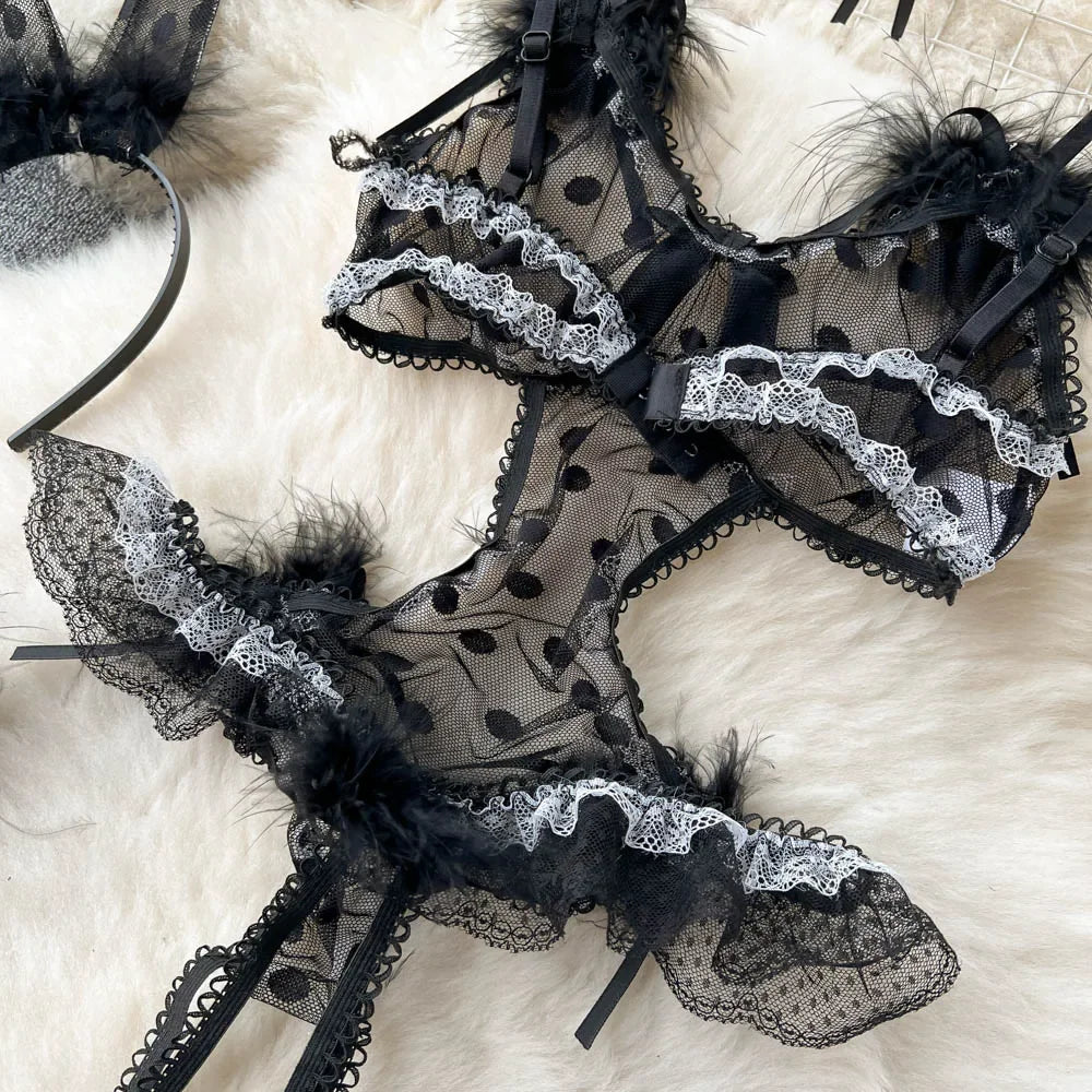 Backless Hotsweet Bow Lingerie For Women See Through Mesh Sexy Bunny Costume Lingerie Bodysuit 4 Piece Jumpsuit Spot Lace Cospla