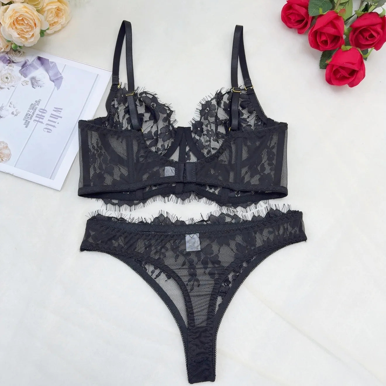 Sexy Lingerie Women Outfits Sheer Lace Corset Set Transparent 2-Piece Bra Set Girdle with Adjustable Straps Erotic Underwear