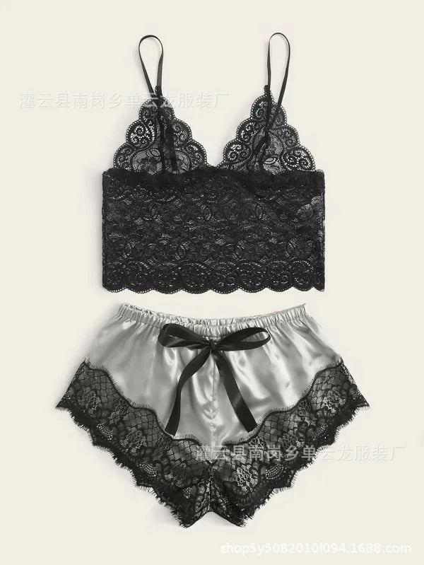 Mengya Women Lace Satin Two Piece Lingerie Set Spaghetti Strap Camisole Silky Lace Trim Shorts Nightwear European American Style