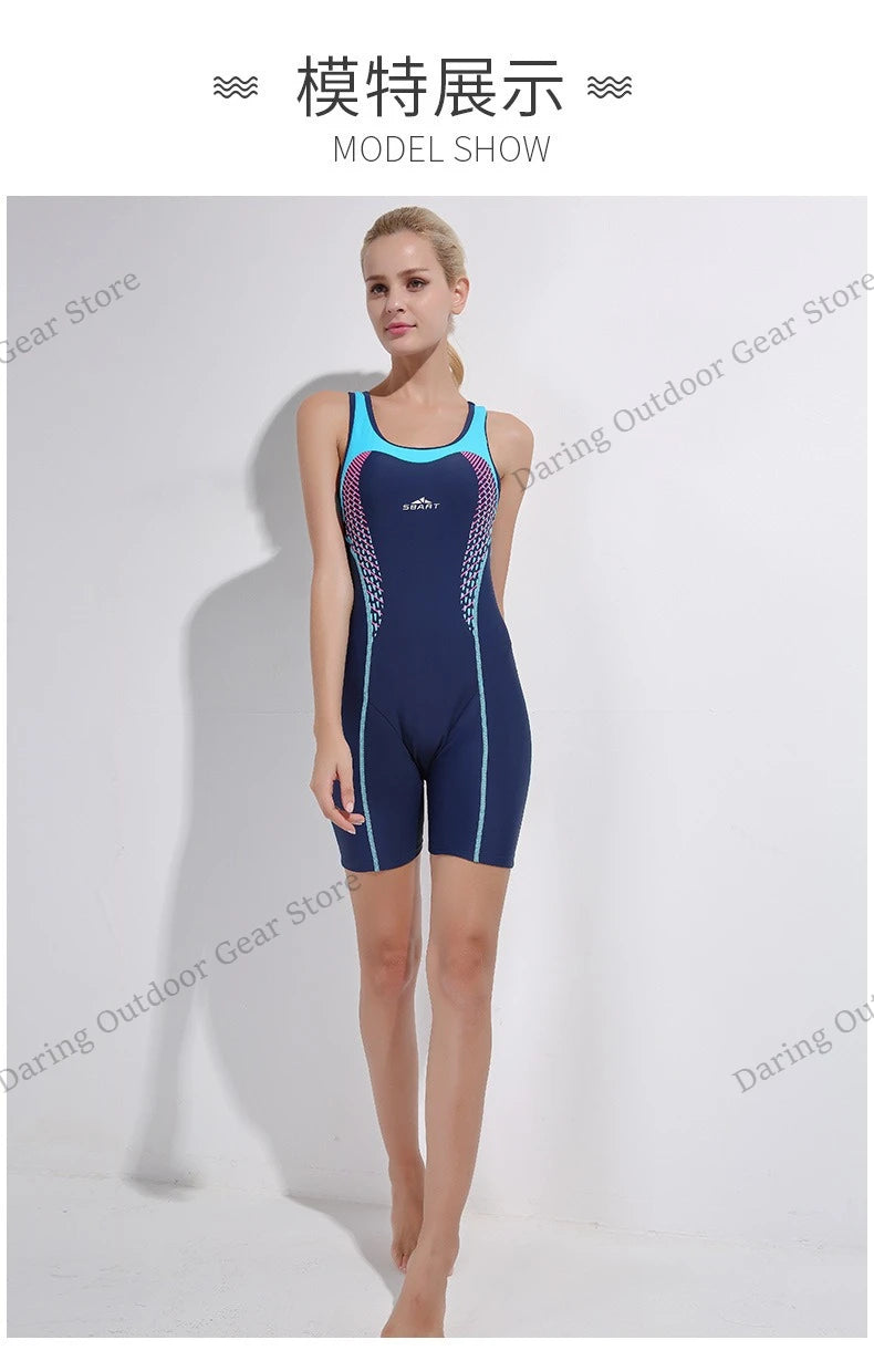 Women's One-Piece Racing Swimsuit, Athletic Quick-Dry Sleeveless Swimsuit with Shorts for Hot Spring & Diving