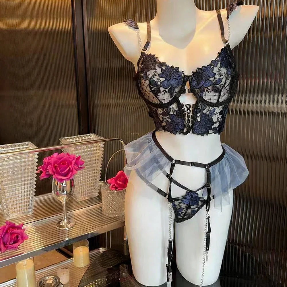 Sexy Lingerie Set Women Purple Hollow Embroidery Flower Patterns Mesh Perspective Splicing Lingerie Role Play Temptation Costume