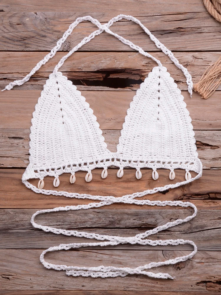 Knitted Bra Top Bikini Set Womens Swimsuit Handemade Crochet Bikini Cover Up Tassel Beach Long Wrap Skirt Sarong Immadman 7004