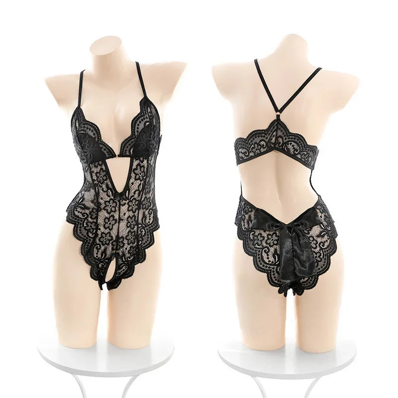Sexy Bodysuits Women Lace Lingerie Crotchless Temptation Pajamas Lace V Neck Mini Dress Solid Color One-Piece Bodysuit Halter