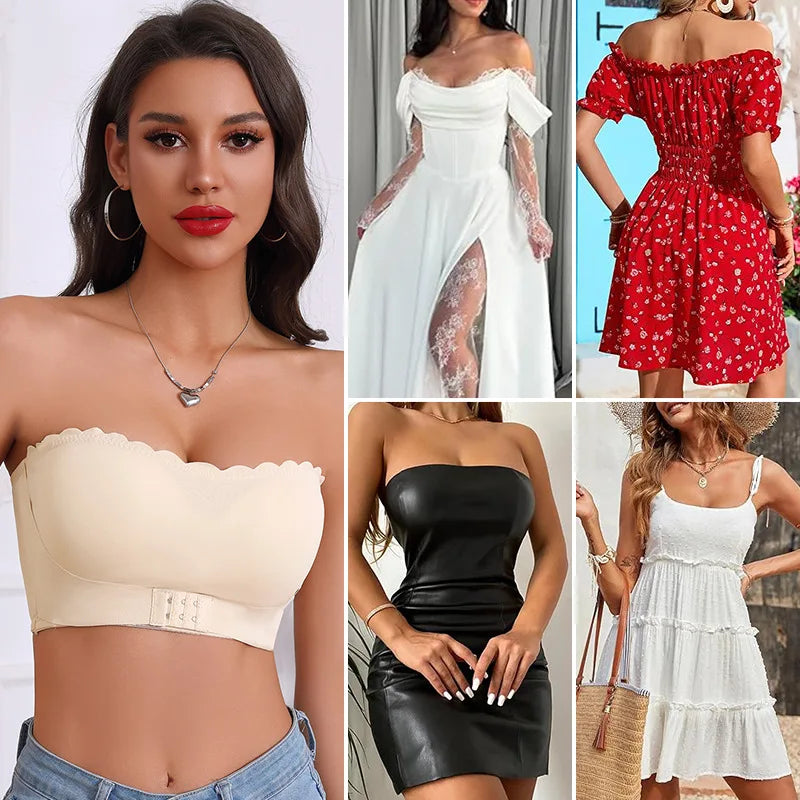 Women's Strapless Front Closure Bra Wireless Bandeau Non-slip Underwear Wavy Edge Chest Wraps Padded Push Up Tube Top Bralette