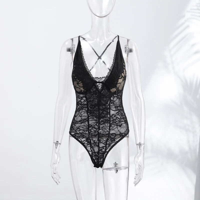 Sexy Women's Bodysuit Halter Lace Deep V-neck Sleeveless   Slim Female Bodysuits 2026 Summer New Fashion Party Chic Lady Top