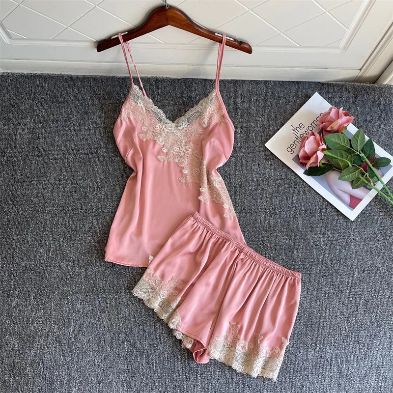 Lace Sleepwear Satin Cami&Shorts Suit Women 2 Pieces Sleep Set Sexy Deep V-Neck Nightwear Thin Home Clothes Lounge Lingerie