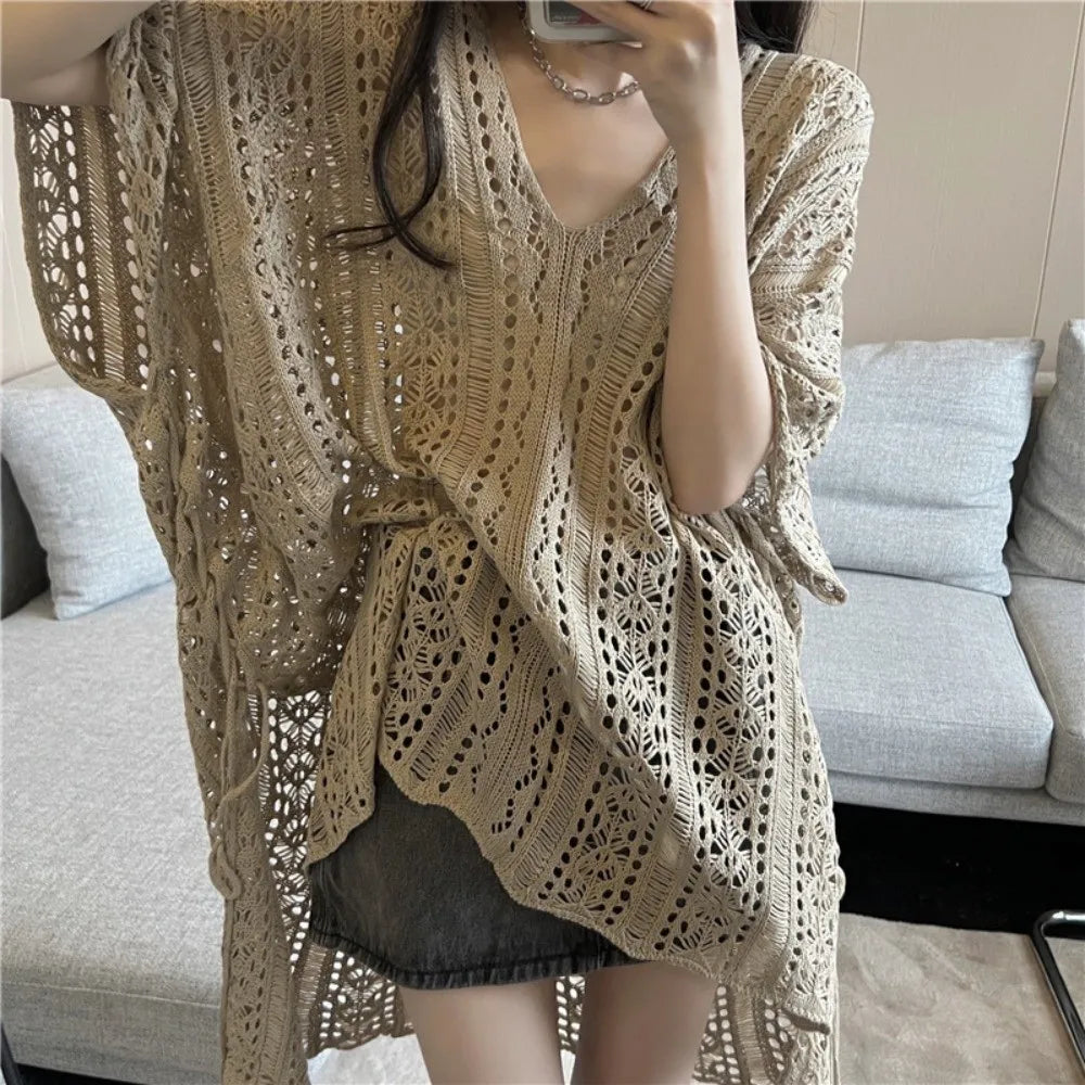 Leisure Oversized Hollow Out Swimsuit Cover Up V-neck Loose Knitted Bikini Cover Up Bohemian Style Mesh Beach Wear Summer