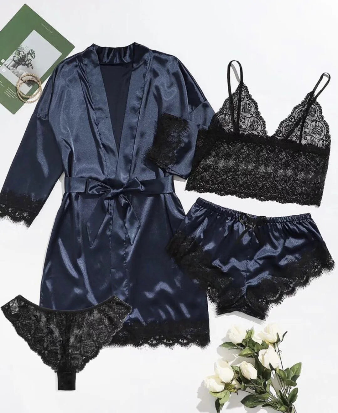 4PCS Satin Pajama Set with Robe - Lace Trim Cami Top & Shorts, The Viral Must-Have Elegant Loungewear for Women's Sleepwear