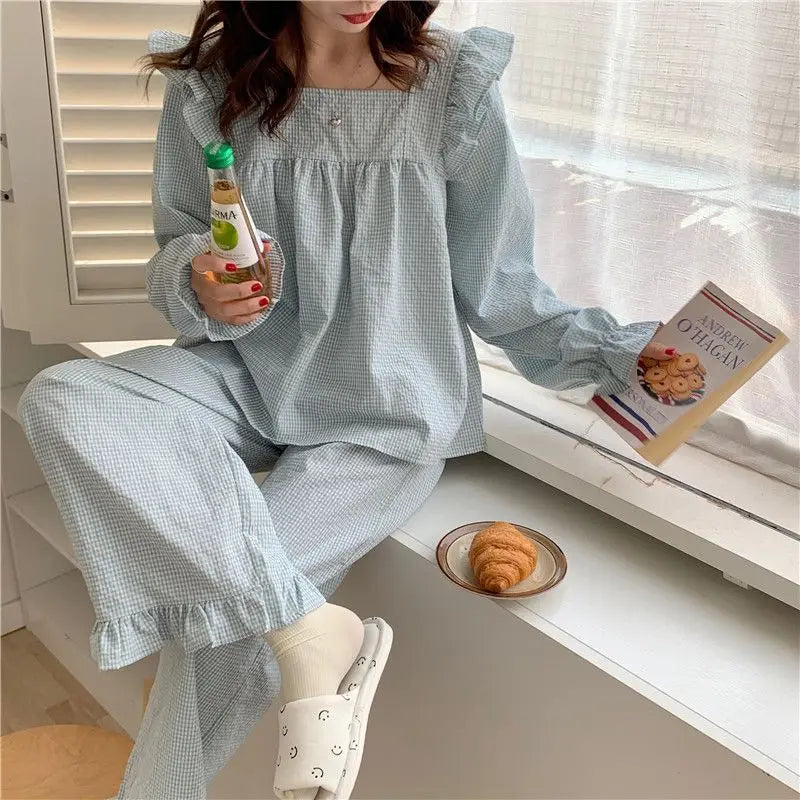 Pajama Sets Women Plaid Harajuku Schoolgirl Sweet Style Autumn Simple Sleepwear Square Collar Ins Popular Lovely Nightwear Daily