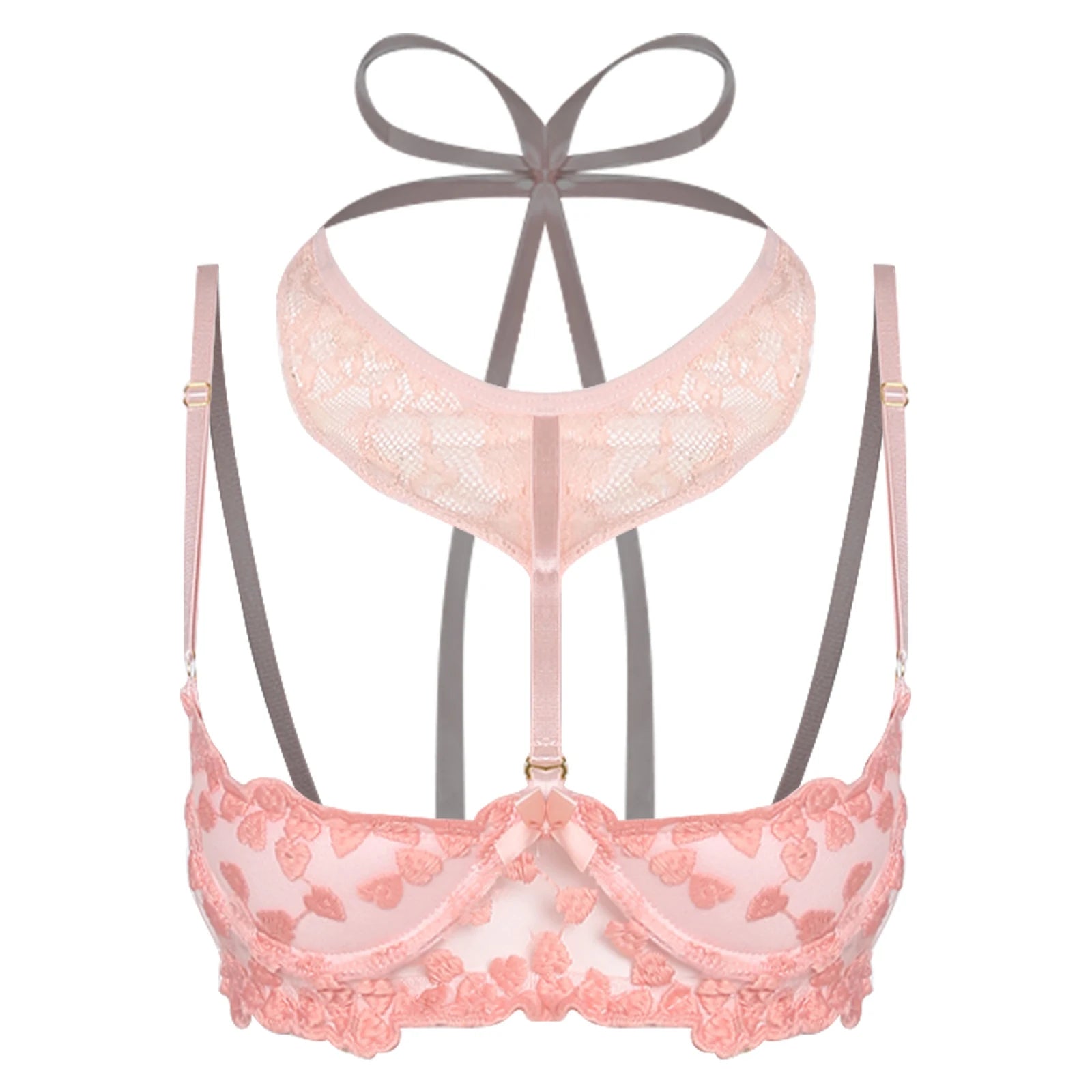 Women Padded Cup Push-up Underwire Bra Balconette Lingerie 1/4 Cup Floral Lace Single Bra Exposed Nipples Chest Halter Brassiere