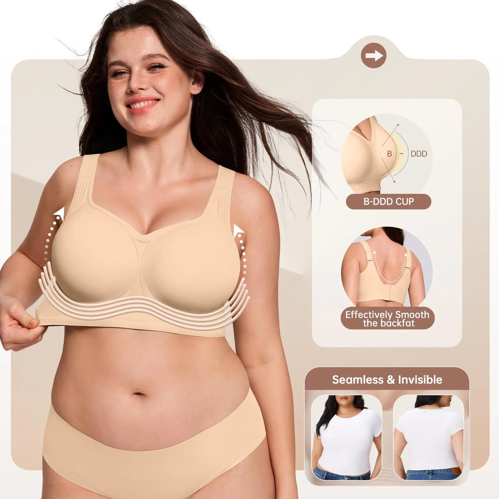 Smoothing Back Bra Supportive Wireless Push Up Bras Full Coverage No Underwire Seamless Bra Plus Size for Elder Women
