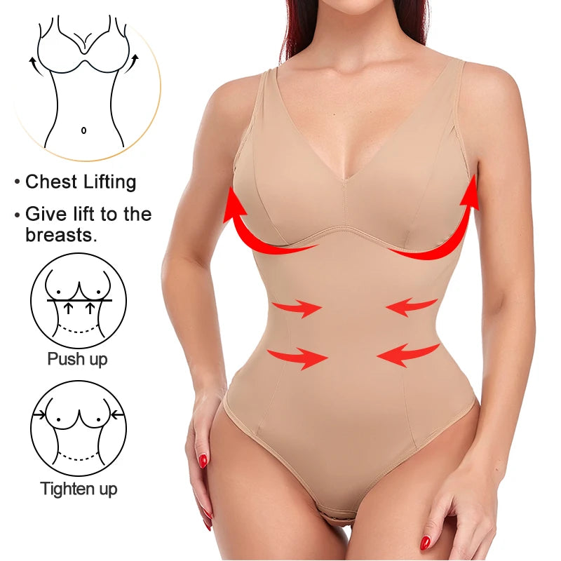 Shapewear Bodysuit Thong Body Shaper for Women Waist Trainer Corset Deep V Neck Slimming Underwear Built-in Bra Camisoles Tops