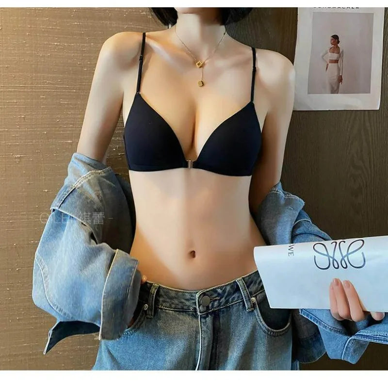 Front Closure Bras for Small Bust Women Deep V Plunge French Triangle Cup Seamless Thin Straps
