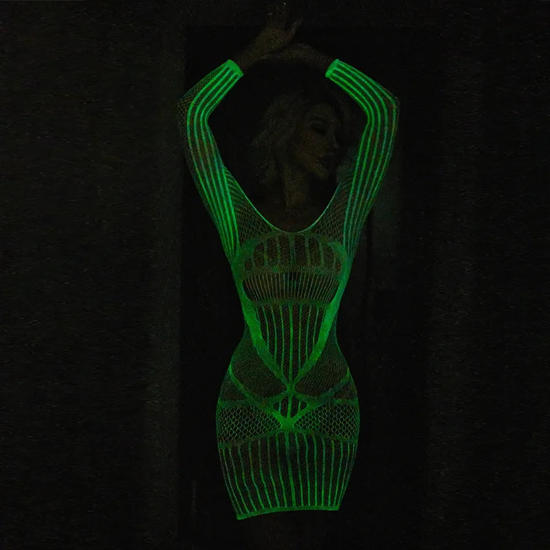 Erotic Miniskirt Tight Bodysuit Costumes Sexy Mesh Babydoll Dress Luminous Crotchless Bodystocking For Transparent Lingerie Set