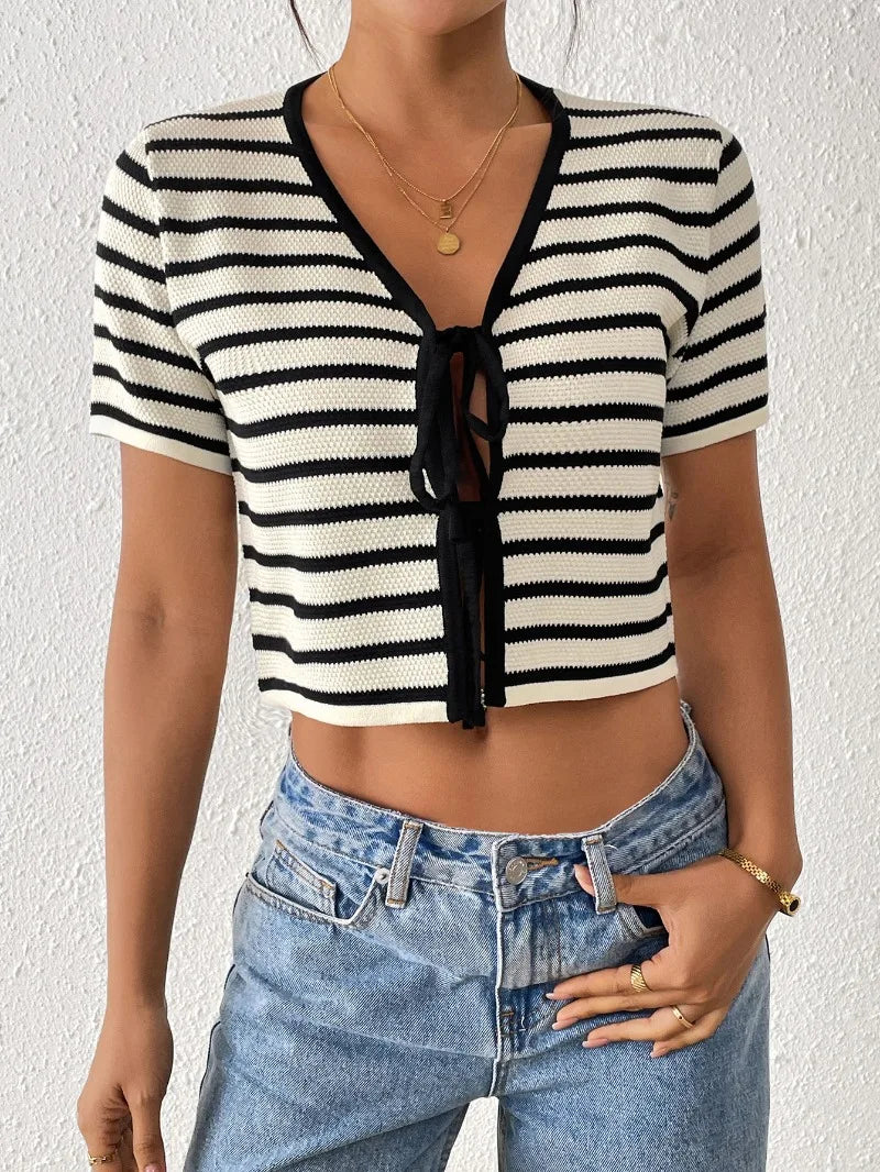 white black stripes short sleeve blouse for women turn-down collar V-neck cropped summer bikini tops hot girl boho beach tops