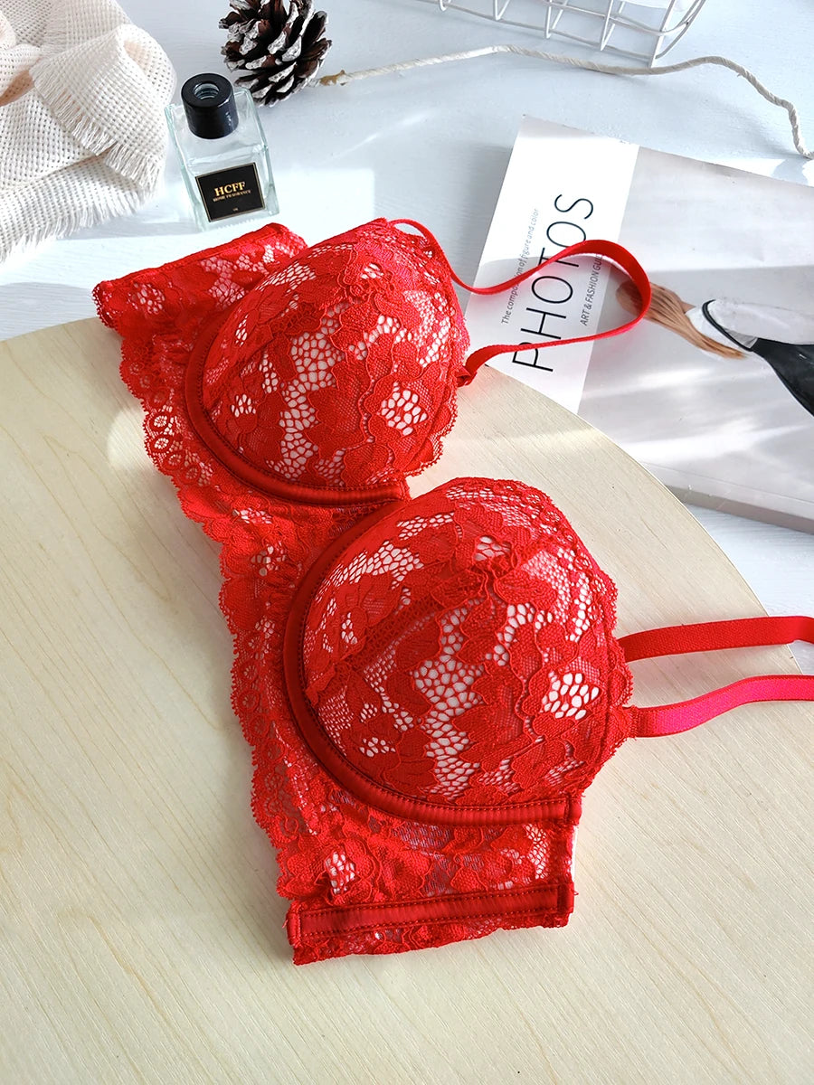Removable double straps sexy lace gathered soft steel ring bra up support small breasts show large half cup underwear