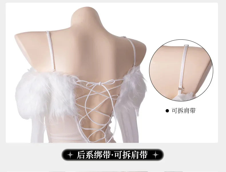Sexy Lingerie See-through Plush Dress Women's Off-the-shoulder Mini Dress Lingerie Exotic Strappy Tube Top Camisole Hip Skirt
