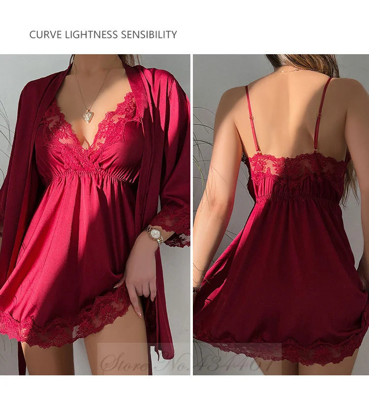 Sexy Lace Twinset Robe Set Nightgown Silky Satin Home Dress Lounge Wear Summer Female Sleepwear Kimono Bathrobe Gown Lingerie
