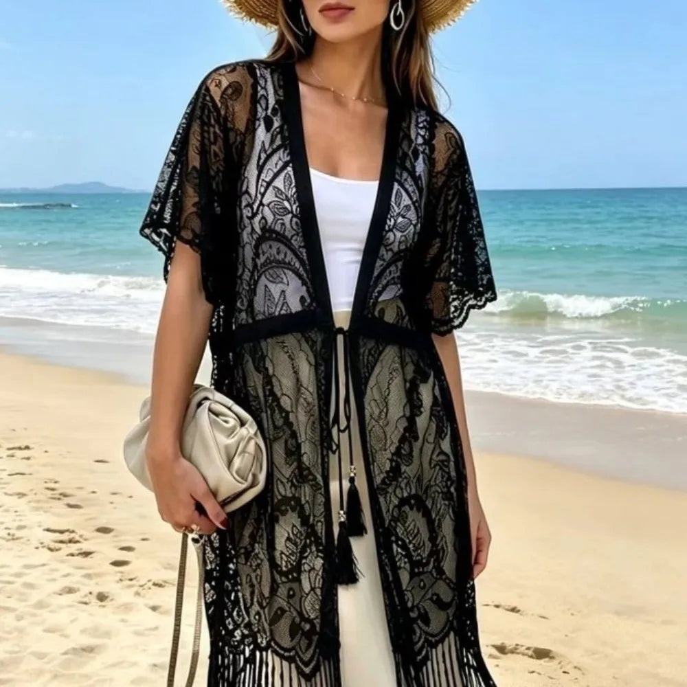 Fashion Lace Mesh Sunscreen Beach Cover Up Floral Tassel Bohemian Shawl Plus Size Transparent Swimsuit Cover Up Women