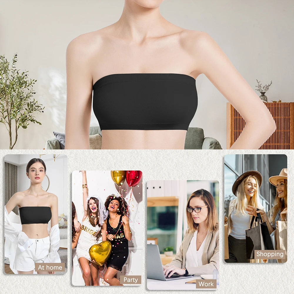 Women Tube Strapless Bra Chest Wrap Bandeau Unlined Seamless Breathable Comfortable Underwear Tops with Clear Straps