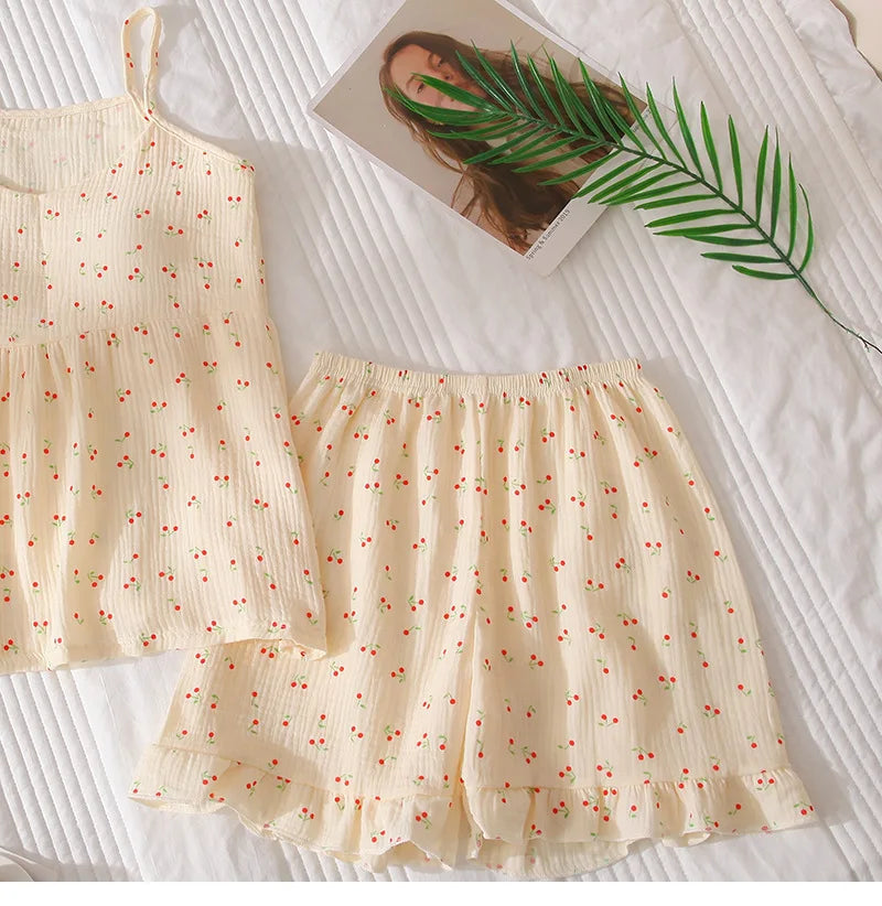 2026Women's Summer Cotton Sleepwear Sets Girl's Camisole Vest with Chest Cushion Shorts Cute Floral Two-piece Home Suit Set 2PCS