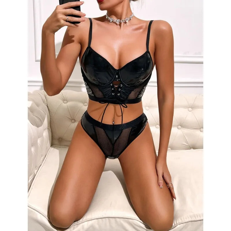 Sexy Fetish Lingerie Sets for Women 2 Piece Leather Sheer Mesh Corset Tops Bodysuit Exotic Underwear Bandage Push Up Bra Panties