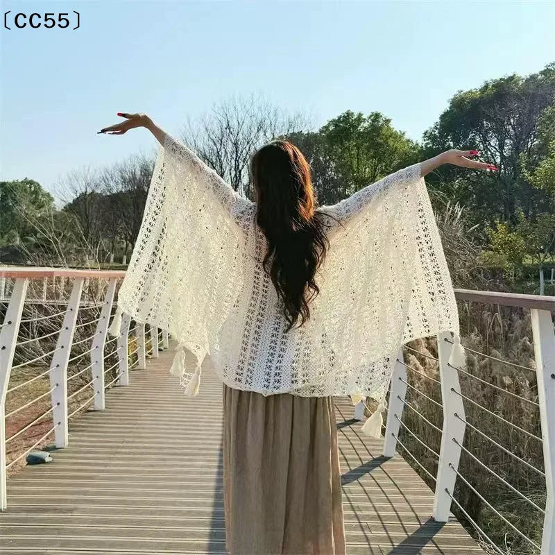 Summer Mesh Lace Women Cover-Up With Tassels Elegant Beach Open-Front Sun Protection Shawl〔CC55〕
