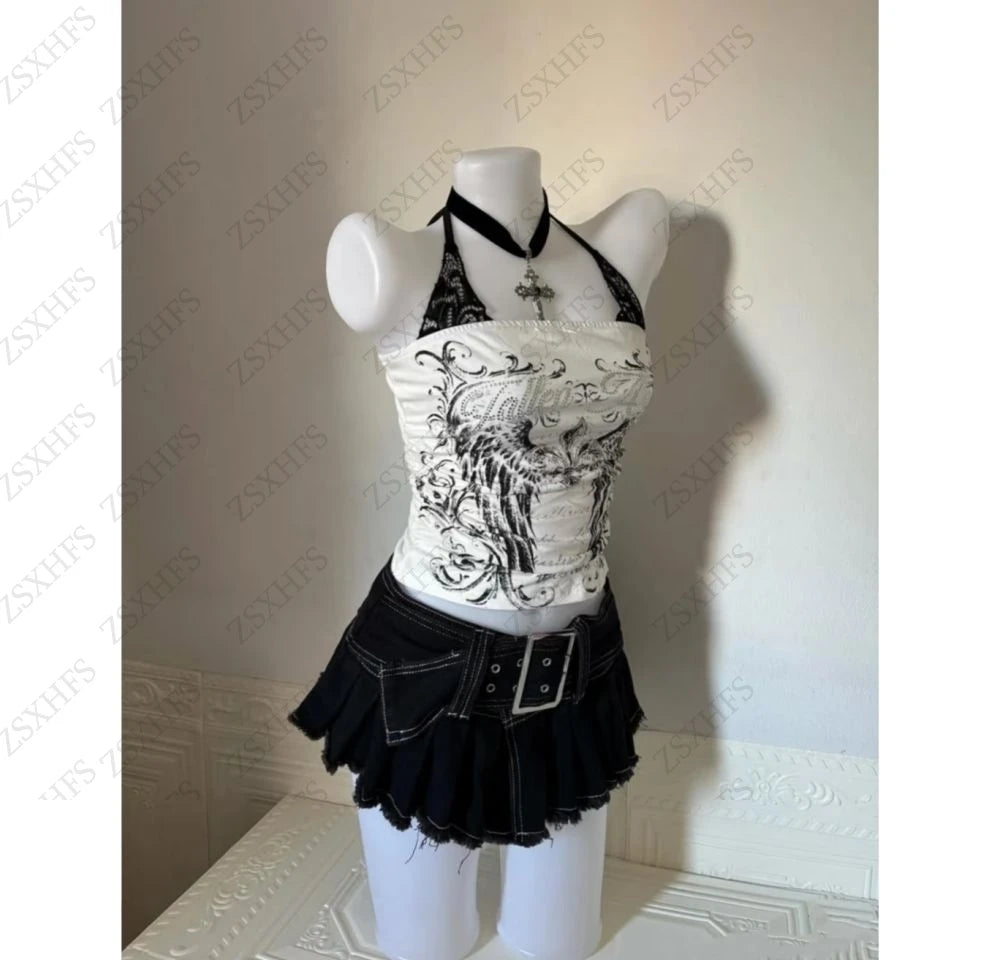 Sexy Lace Y2k Halter Tops Women Clothing Gothic Punk Girl Summer Sling Body Tees Grunge Slim Corset Harajuku Kpop Crop Top Emo