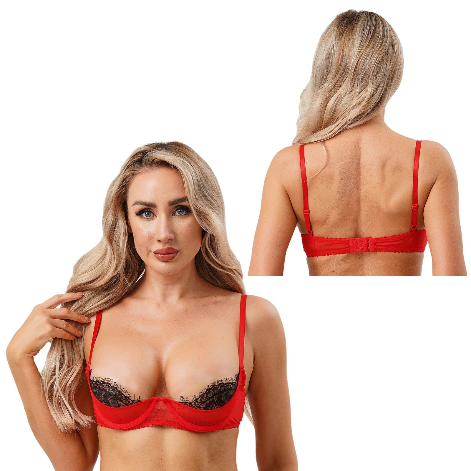 Womens See Through Bra Lingerie Eyelash Lace Trim 1/4 Cup Push-up Underwire Balconette Bralette Everyday Bra Underwear