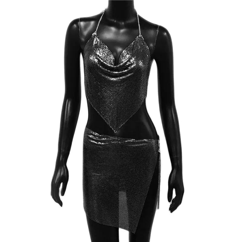 Sexy Metal Sequins 2 Piece Set Women Sleeveless Deep V Neck Backless Halter Tank Tops Split Mini Skirts Beach Party Outfits