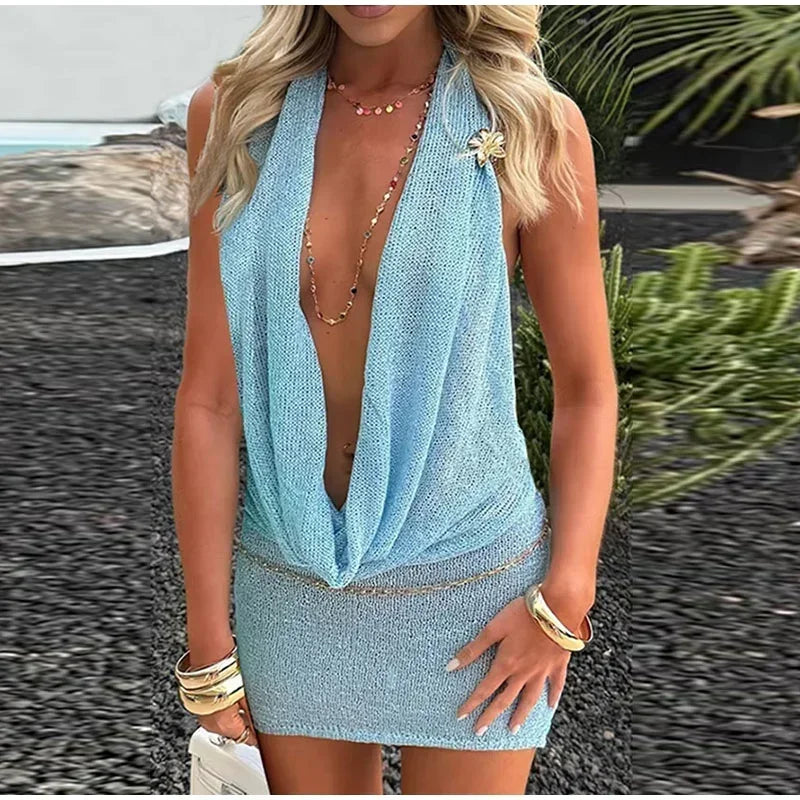Sexy Sequin Halter Short Dress Women Backless Sleeveless Hip Package Party Dresses Female Summer Chic Night Club Robe Lady