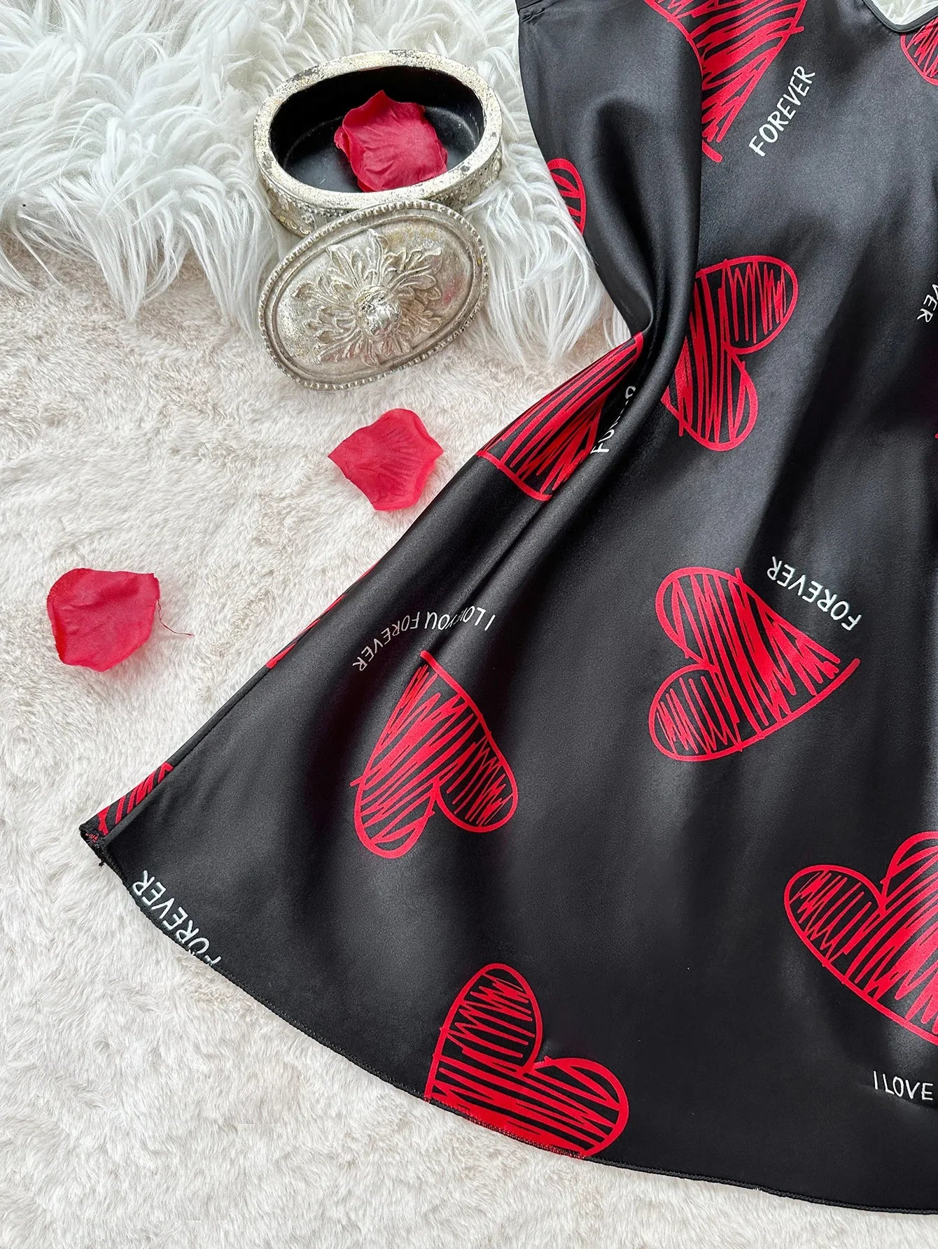 Valentine Red Lips Print Satin Slip Dress Backless V Neck Lace Nightgown Bridal Lingerie for Couples Night Sleepwear