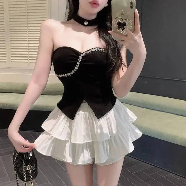 Sexy 2 Pieces Skirt Sets For Women Top And Bottom Clothing New Summer Clothes 2025 Luxury Designer Pleated Skirt Woman Outfit