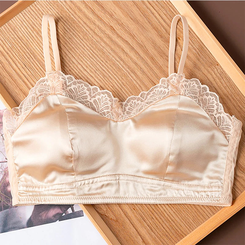 Lace Bralette Bra for Women 19 Momme Mulberry Silk No Underwire Wireless Full Coverage Lightly Lined Adjustable Skinny Strap