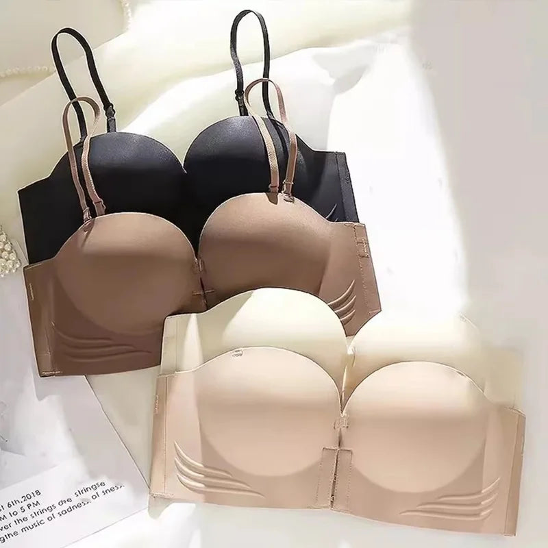 Strapless Bras Women Front Closure Seamless Brassiere Push Up Thick Underwear Adjustable Female Soft Solid Invisible Lingerie