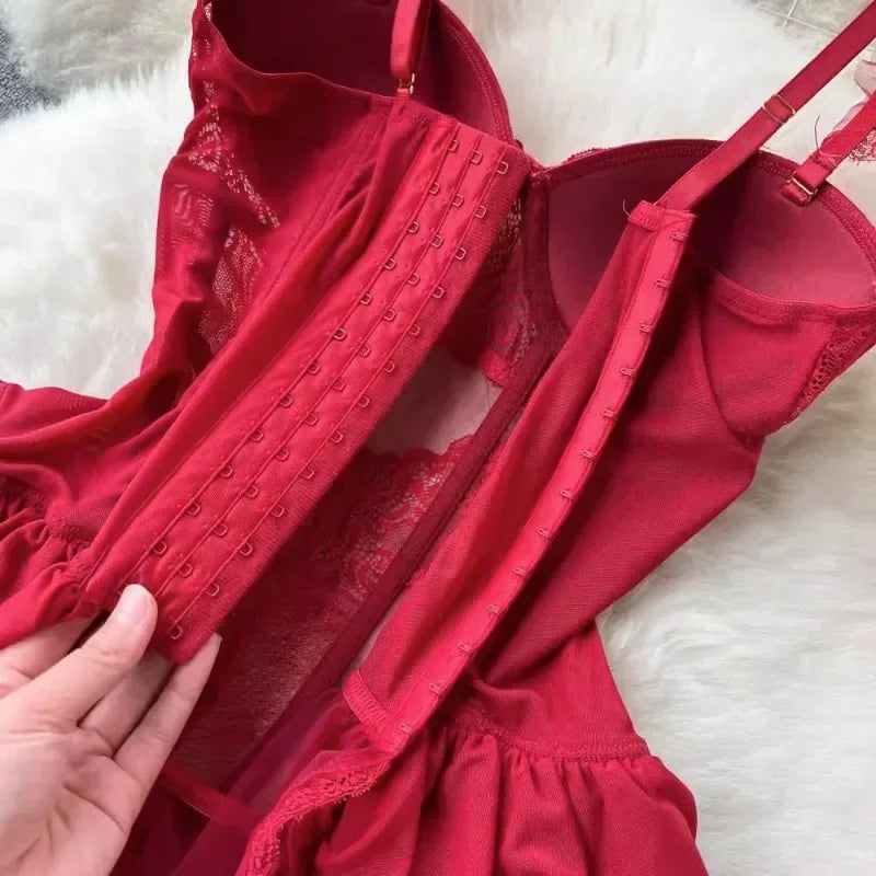 Sexy Lingerie Lace Gauze Elasticity Corset with Chest Pad Straps Belt Underwear Lace Up Body Bustier Overbust Breathable Tops