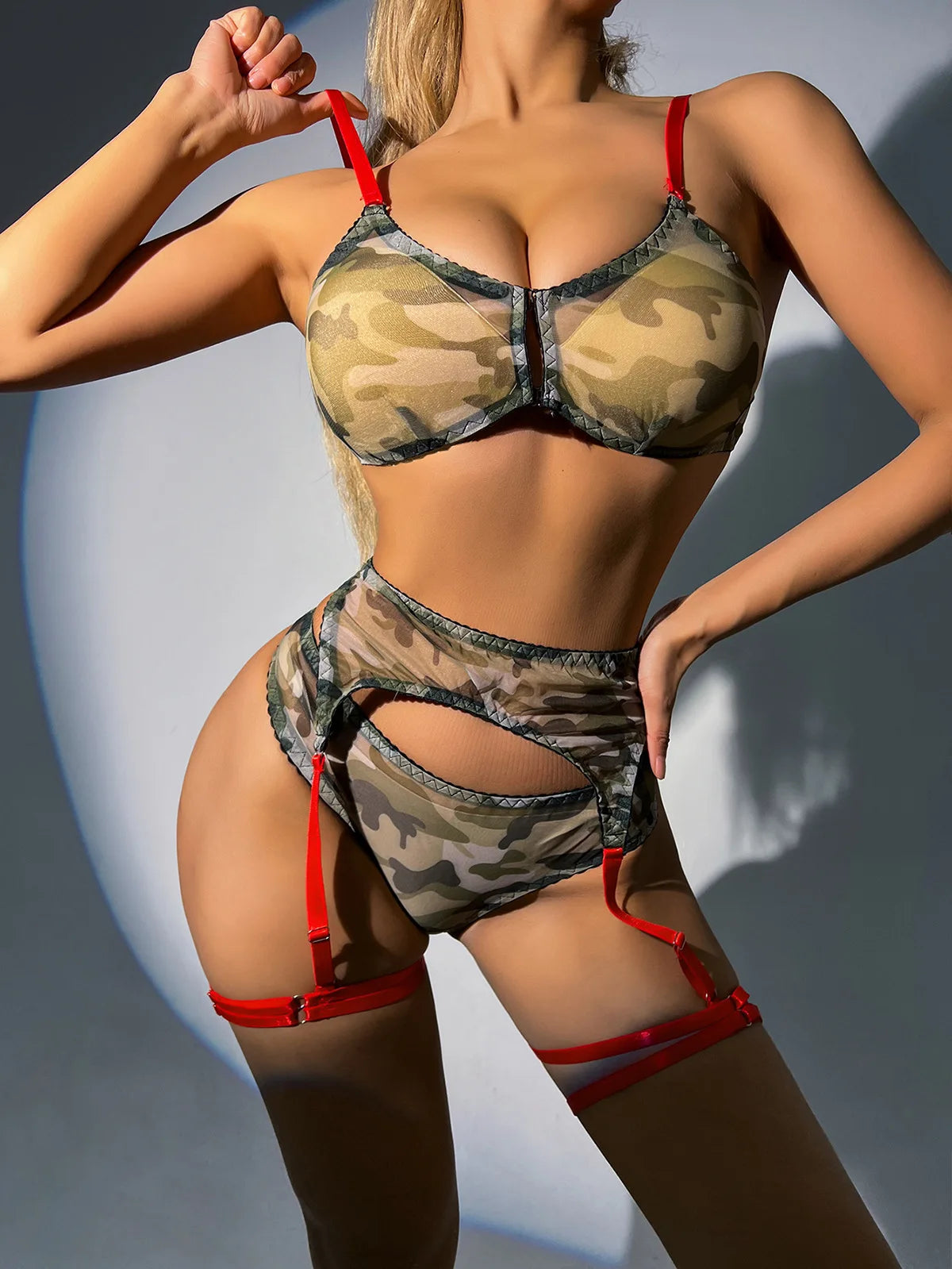 New European American style women's camouflage mesh two-piece lingerie set