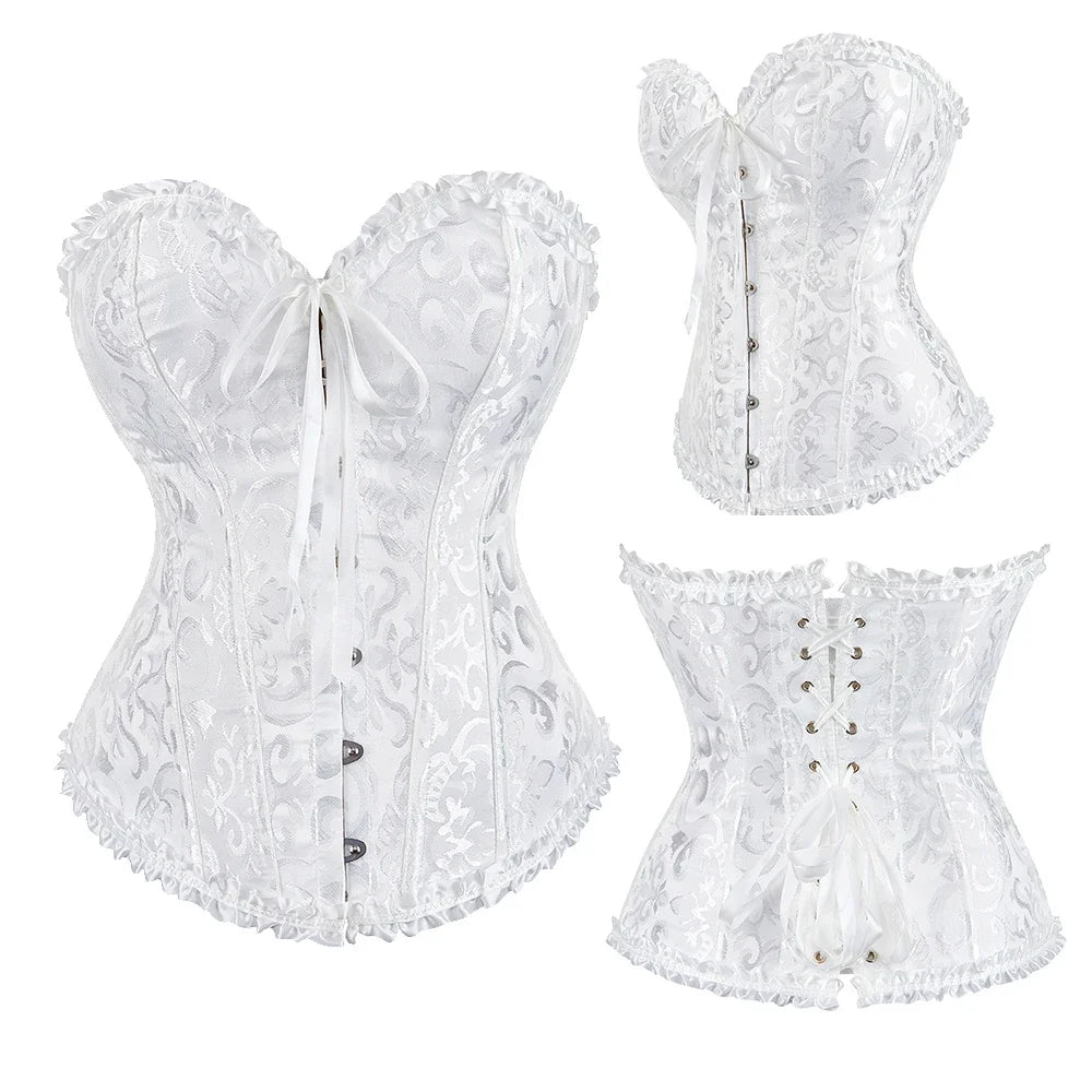 Women Sexy Overbust Corset Korset Basques Floral Lace Top Bustier Jacquard Lingerie Corselet