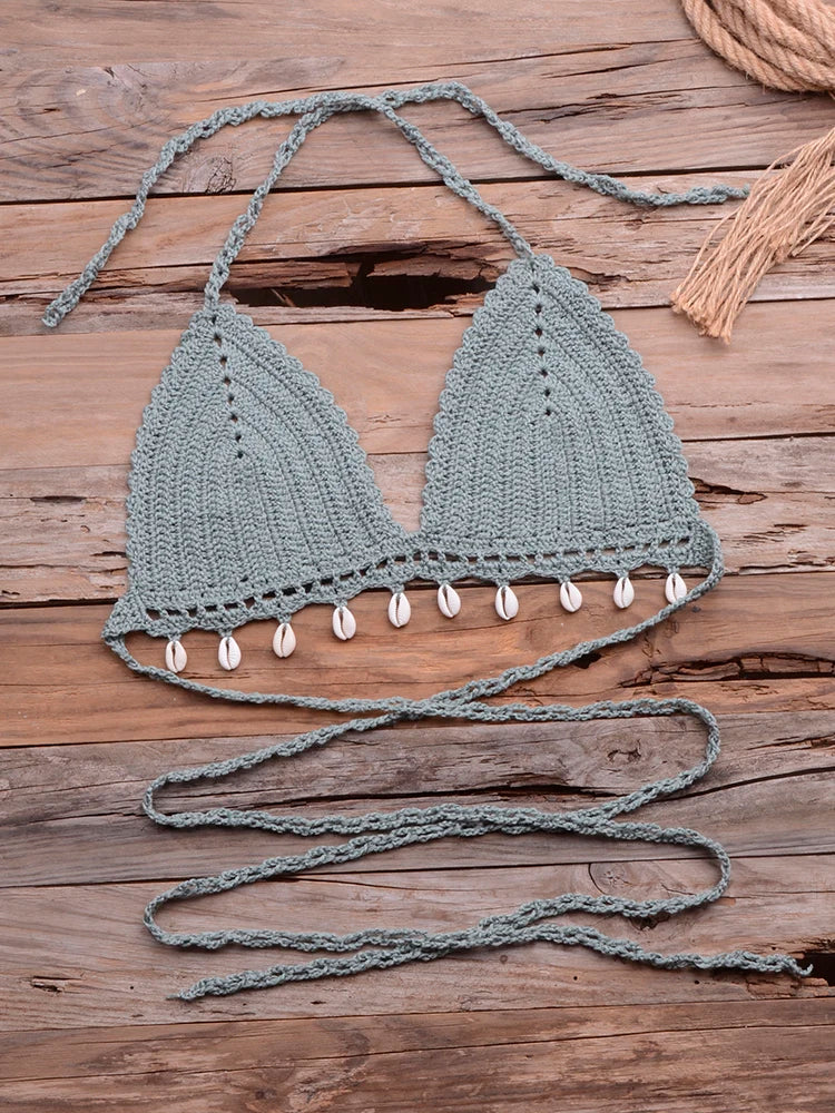 Knitted Bra Top Bikini Set Womens Swimsuit Handemade Crochet Bikini Cover Up Tassel Beach Long Wrap Skirt Sarong Immadman 7004