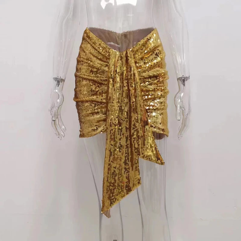 Sexy Vacation Sequined Irregular Pleated Skirts High-Waisted Slim Skirts 2026 Fashionable Spring/Summer Golden Zippers Skirt