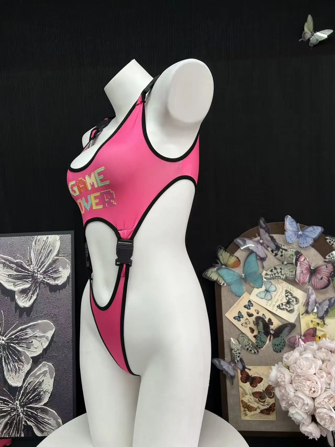 Sexy Lingerie Bodysuit Gaming Girl Sexy Sweet Girl Pure Desire Temptation High Elastic Print High-Cut Bikini Three-Point