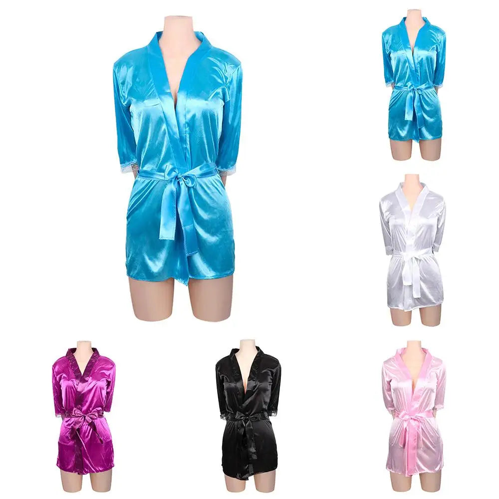 Women Sexy Satin Lace Underwear Lingerie Nightdress Robe Sleepwear